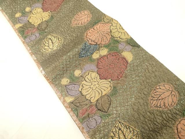 平和屋着物●両面　半幅帯　ふくれ織　辻が花　金糸　正絹　逸品　CABK8732dy