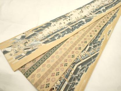平和屋着物●伝統工芸士　新井實　両面　半幅帯　熈代勝覧図文錦　正絹　逸品　CABK8740dy