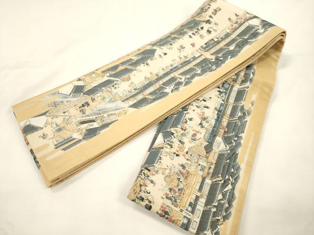 平和屋着物●伝統工芸士　新井實　両面　半幅帯　熈代勝覧図文錦　正絹　逸品　CABK8740dy