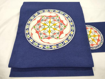 平和屋着物▼九寸名古屋帯　型染め　幾何学花丸文　正絹　逸品　CABK8762dy