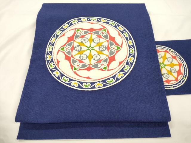 平和屋着物▼九寸名古屋帯　型染め　幾何学花丸文　正絹　逸品　CABK8762dy