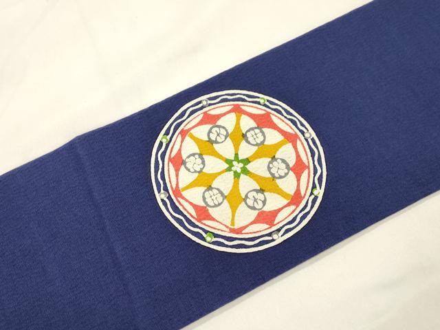 平和屋着物▼九寸名古屋帯　型染め　幾何学花丸文　正絹　逸品　CABK8762dy