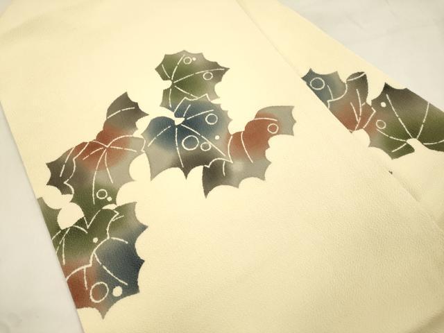 平和屋着物▼九寸名古屋帯　型染　舞葉文　鬼しぼ縮緬　正絹　逸品　CABK8763dy