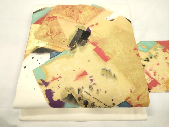 平和屋着物▼塩瀬　九寸名古屋帯　色紙重ね文　金彩　正絹　逸品　CABK8775dy