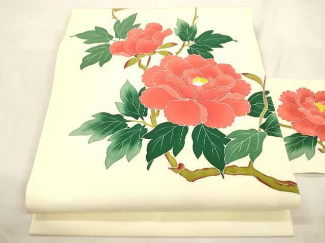 平和屋着物●塩瀬　九寸名古屋帯　友禅　作家物　枝花文　正絹　逸品　未使用　CABK8776dy