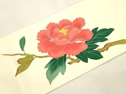平和屋着物●塩瀬　九寸名古屋帯　友禅　作家物　枝花文　正絹　逸品　未使用　CABK8776dy
