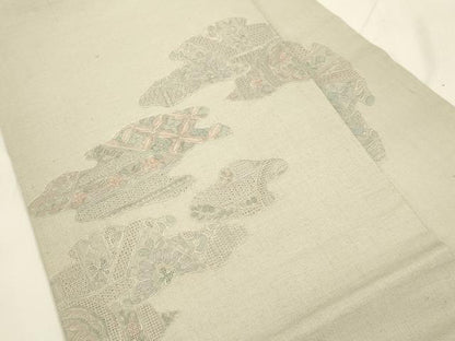 平和屋着物●中国三大刺繍　スワトウ刺繍　総刺繍　九寸名古屋帯　紬地　切嵌草花文　正絹　逸品　CABK8777dy