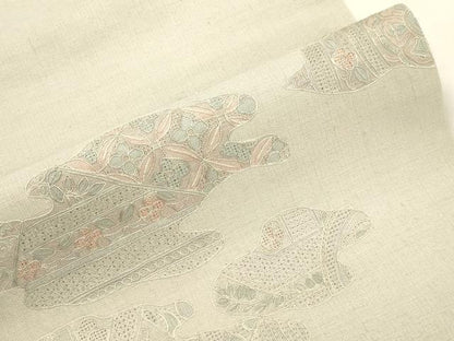 平和屋着物●中国三大刺繍　スワトウ刺繍　総刺繍　九寸名古屋帯　紬地　切嵌草花文　正絹　逸品　CABK8777dy
