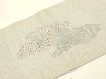平和屋着物●中国三大刺繍　スワトウ刺繍　総刺繍　九寸名古屋帯　紬地　切嵌草花文　正絹　逸品　CABK8777dy