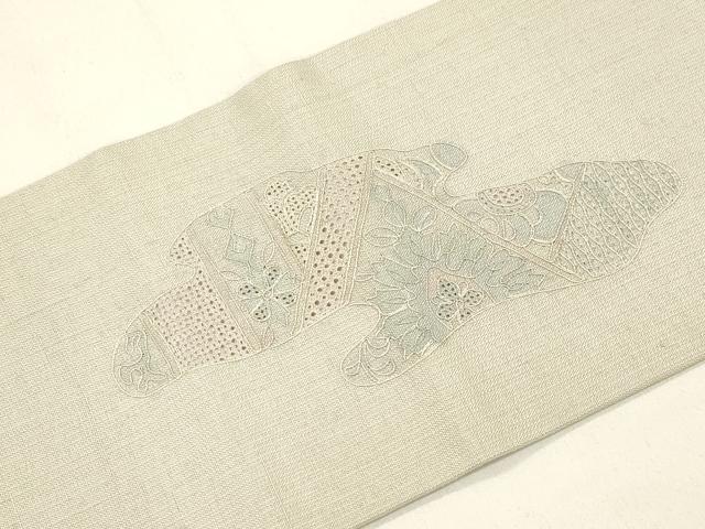 平和屋着物●中国三大刺繍　スワトウ刺繍　総刺繍　九寸名古屋帯　紬地　切嵌草花文　正絹　逸品　CABK8777dy