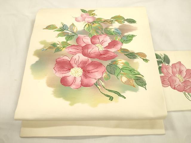 平和屋着物▼九寸名古屋帯　草花文　金糸　正絹　逸品　CABK8778dy