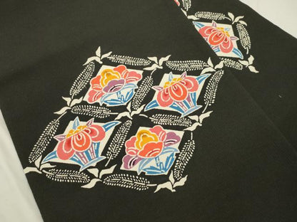 平和屋着物▼九寸名古屋帯　型染め　菱花文　黒地　正絹　逸品　CABK8783dy