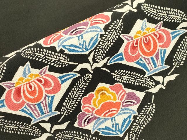 平和屋着物▼九寸名古屋帯　型染め　菱花文　黒地　正絹　逸品　CABK8783dy