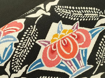 平和屋着物▼九寸名古屋帯　型染め　菱花文　黒地　正絹　逸品　CABK8783dy