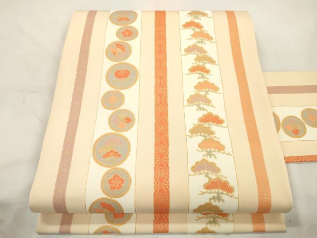 平和屋着物▼塩瀬　全通柄九寸名古屋帯　松　花蝶丸文　金彩　正絹　逸品　CABK8785dy