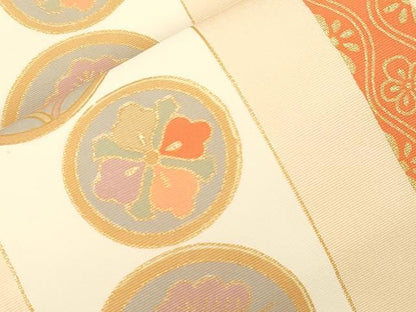 平和屋着物▼塩瀬　全通柄九寸名古屋帯　松　花蝶丸文　金彩　正絹　逸品　CABK8785dy