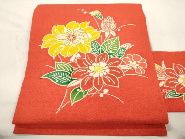 平和屋着物●九寸名古屋帯　型染め　草花文　正絹　逸品　CABK8795dy