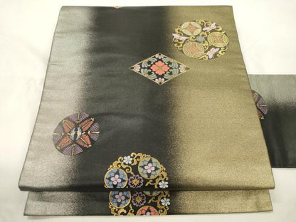 平和屋着物●九寸名古屋帯　花蝶丸文　黒地　金銀糸　正絹　逸品　CABK8796dy