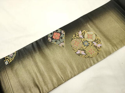 平和屋着物●九寸名古屋帯　花蝶丸文　黒地　金銀糸　正絹　逸品　CABK8796dy