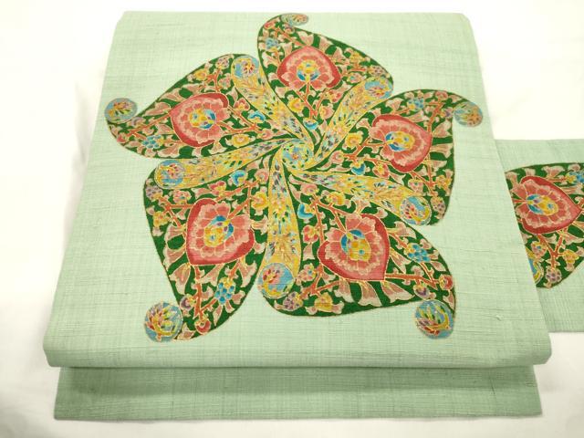 平和屋着物●九寸名古屋帯　紬地　更紗花文　金彩　正絹　逸品　CABK8798dy