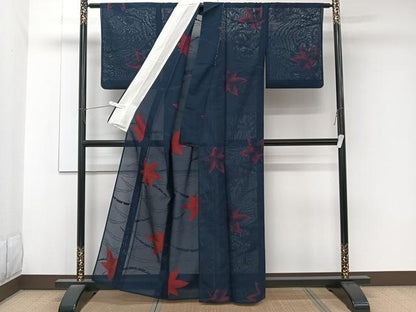 平和屋着物＊夏物　小紋　紗　雪輪芝楓文　正絹　逸品　CABK8803xi