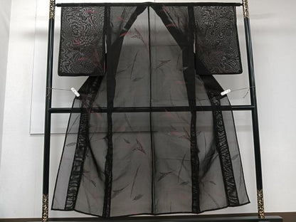 平和屋着物＊夏物　小紋　紗　舞花文　黒地　銀糸　正絹　逸品　CABK8806xi