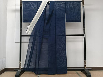 平和屋着物＊夏物　色無地　縦絽　抽象紋紗　紺青色　正絹　逸品　未使用　CABK8808xi