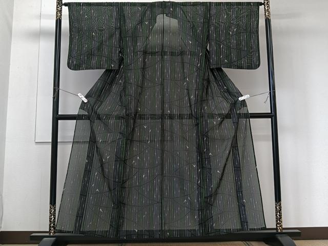 平和屋着物＊夏物　小紋　絽　笹竹文　黒地　洗える着物　CABK8822xi