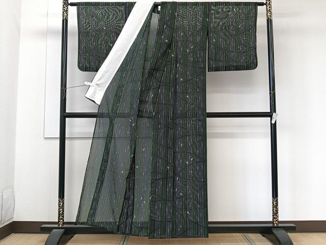 平和屋着物＊夏物　小紋　絽　笹竹文　黒地　洗える着物　CABK8822xi