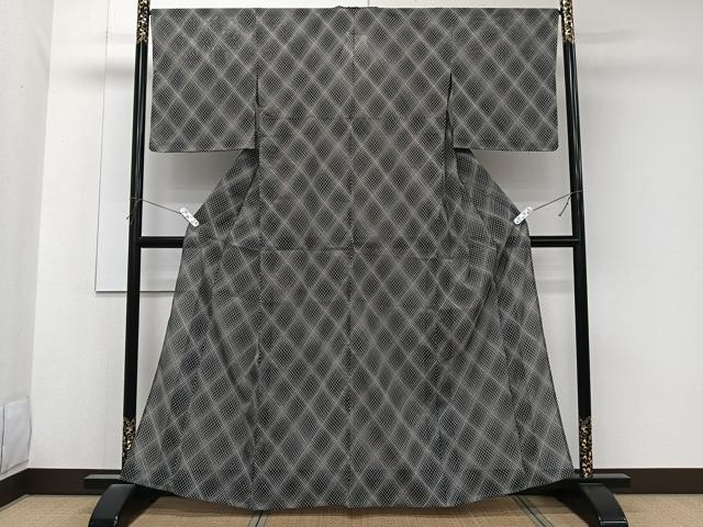 平和屋着物＊夏物　小紋　絽　網目菱文　黒地　洗える着物　未使用　CABK8826xi