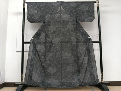 平和屋着物＊夏物　小紋　絽　葉尽くし　黒地　洗える着物　CABK8829xi