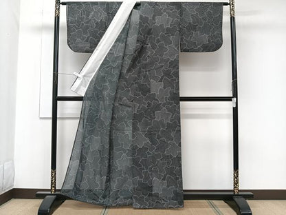 平和屋着物＊夏物　小紋　絽　葉尽くし　黒地　洗える着物　CABK8829xi