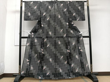 平和屋着物＊夏物　小紋　絽　草花文　黒地　洗える着物　CABK8834xi