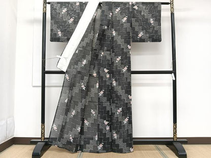 平和屋着物＊夏物　小紋　絽　草花文　黒地　洗える着物　CABK8834xi