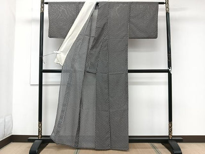 平和屋着物＊夏物　小紋　絽　亀甲花文　黒地　洗える着物　CABK8838xi