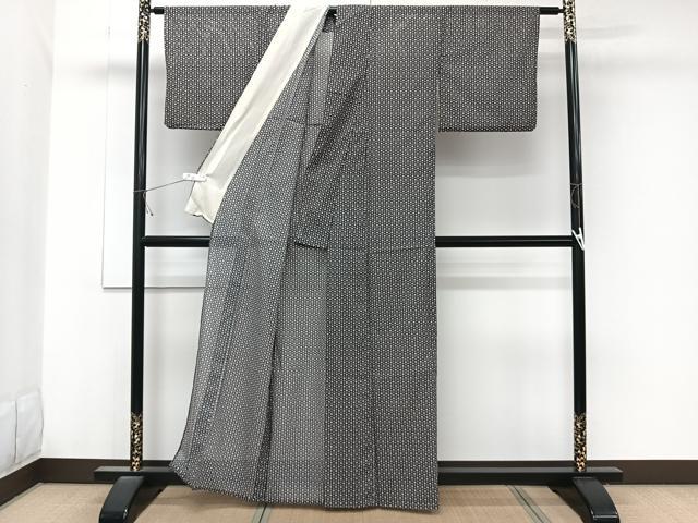 平和屋着物＊夏物　小紋　絽　亀甲花文　黒地　洗える着物　CABK8838xi