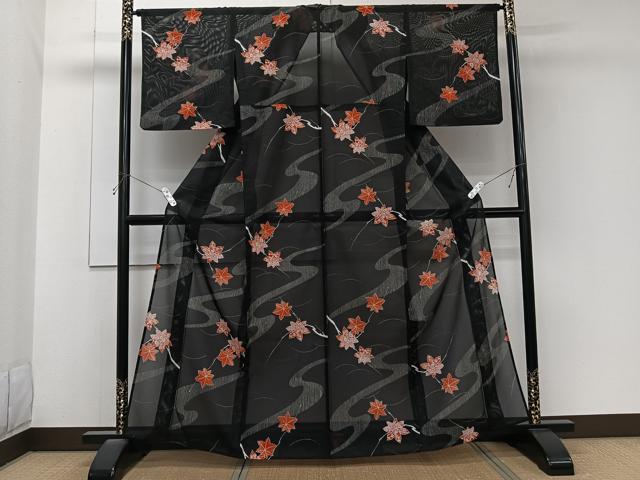 平和屋着物＊夏物　小紋　絽　流水楓文　黒地　洗える着物　CABK8841xi