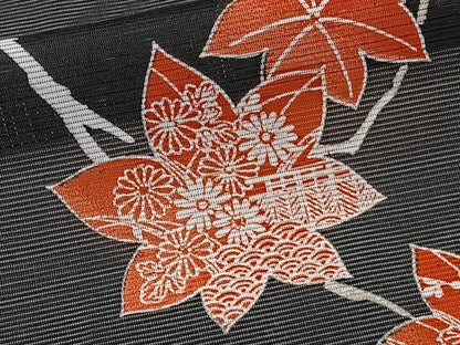 平和屋着物＊夏物　小紋　絽　流水楓文　黒地　洗える着物　CABK8841xi