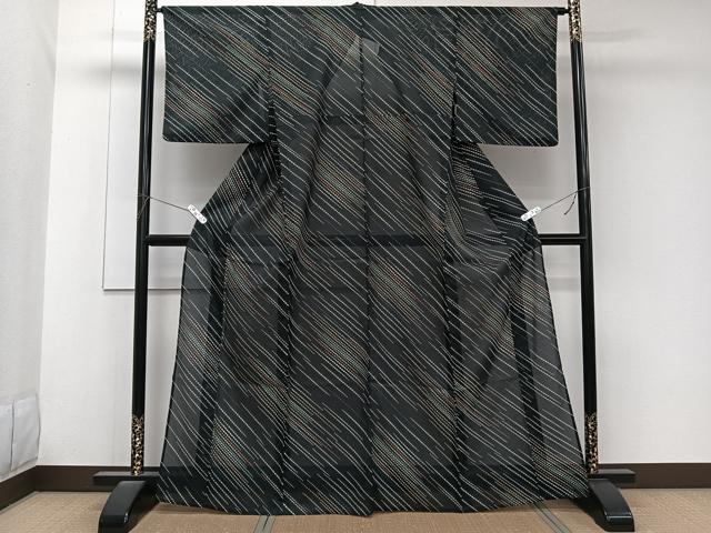 平和屋着物＊夏物　小紋　絽　斜線文　黒地　洗える着物　CABK8856xi