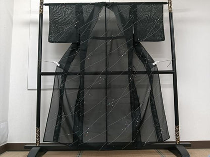 平和屋着物＊夏物　小紋　絽　色紙斜線文　黒地　洗える着物　CABK8870xi