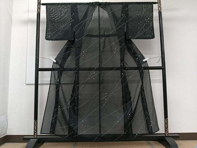 平和屋着物＊夏物　小紋　絽　色紙斜線文　黒地　洗える着物　CABK8870xi