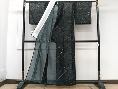 平和屋着物＊夏物　小紋　絽　色紙斜線文　黒地　洗える着物　CABK8870xi