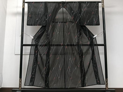 平和屋着物＊夏物　小紋　絽　枝蕾文　黒地　洗える着物　CABK8908xi