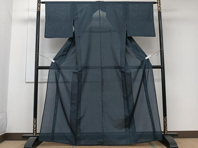 平和屋着物＊夏物　小紋　紗　縞　黒地　洗える着物　CABK8909xi