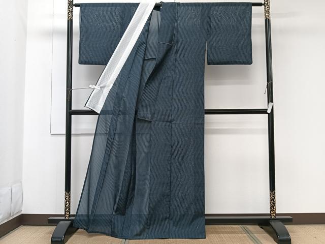 平和屋着物＊夏物　小紋　紗　縞　黒地　洗える着物　CABK8909xi