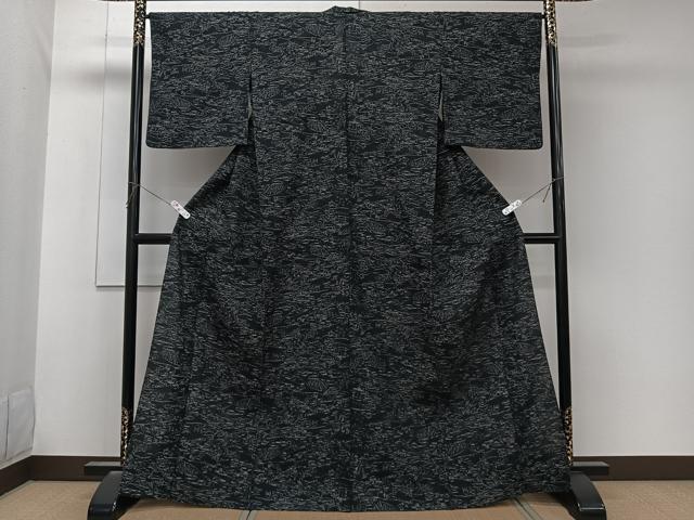 平和屋着物＊夏物　紬　紗　風景文　黒地　正絹　逸品　CABK8916xi