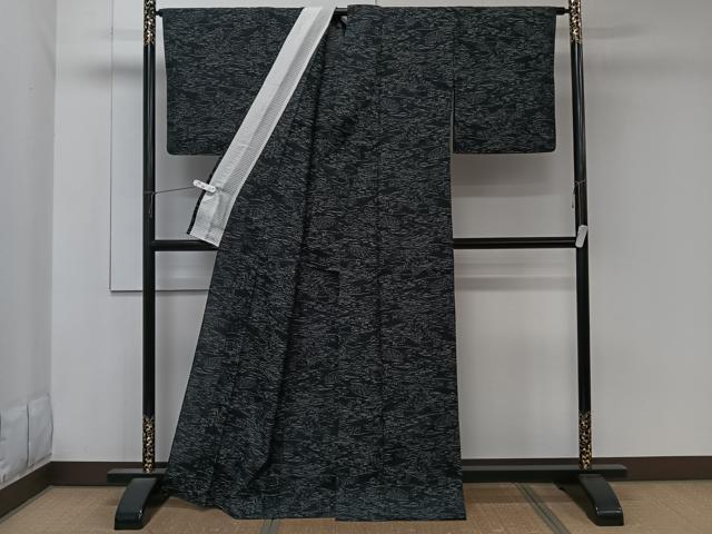 平和屋着物＊夏物　紬　紗　風景文　黒地　正絹　逸品　CABK8916xi
