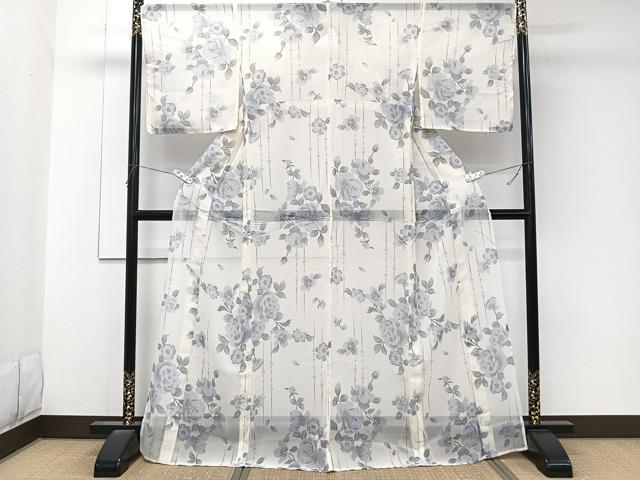 平和屋着物＊夏物　小紋　紗　草花文　洗える着物　未使用　CABK8935xi