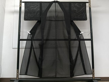 平和屋着物＊夏物　小紋　二重紗　縞　黒地　正絹　逸品　未使用　CABK8937xi