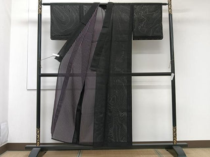 平和屋着物＊夏物　小紋　二重紗　縞　黒地　正絹　逸品　未使用　CABK8937xi